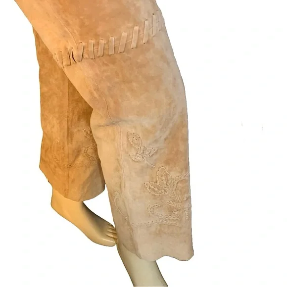 MARGARET GODFREY TAN SUEDE WHIP STITCH W/FLORAL DESIGN FLARE LEG PANTS (10) - Picture 6 of 14